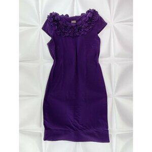 Taylor J Sz 4 Plum Purple Slinky Floral Applique Sheath Shift Dress s Cap Sleeve